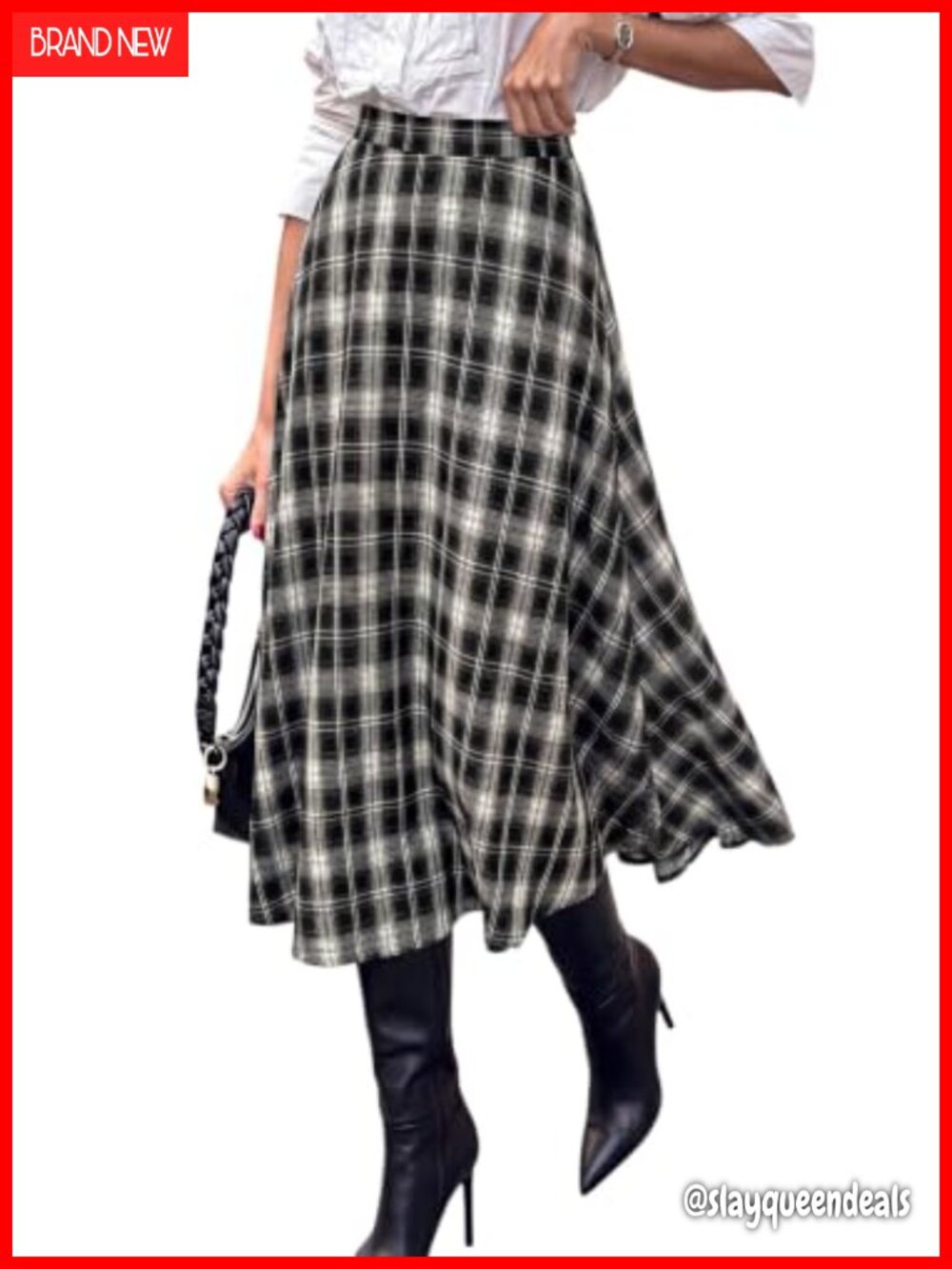Plaid High Waisted A-Line Midi Skirt Elastic Waist Wear to Work